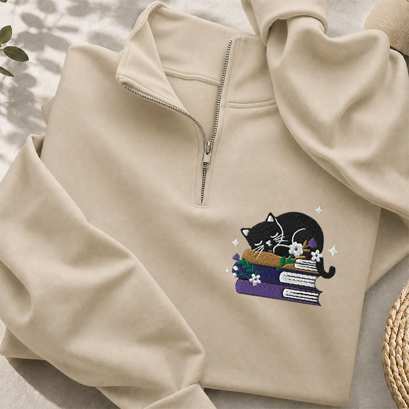 Embroidered Black Cat Floral Book Classic Quarter Zip Sweatshirt