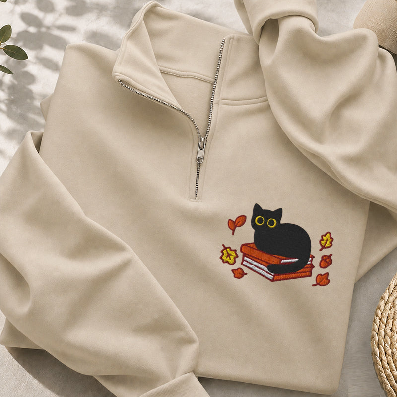 Embroidered Autumn Black Cat Book Classic Quarter Zip Sweatshirt