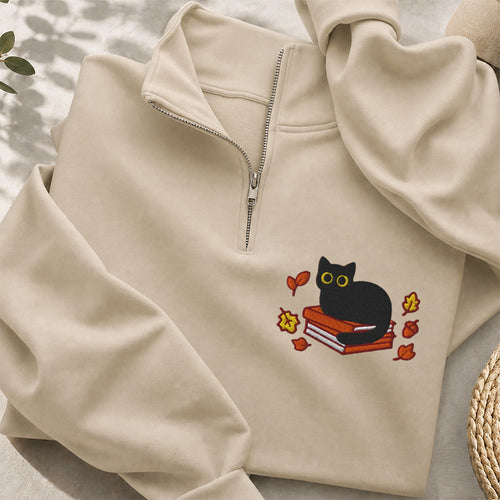 Embroidered Autumn Black Cat Book Classic Quarter Zip Sweatshirt