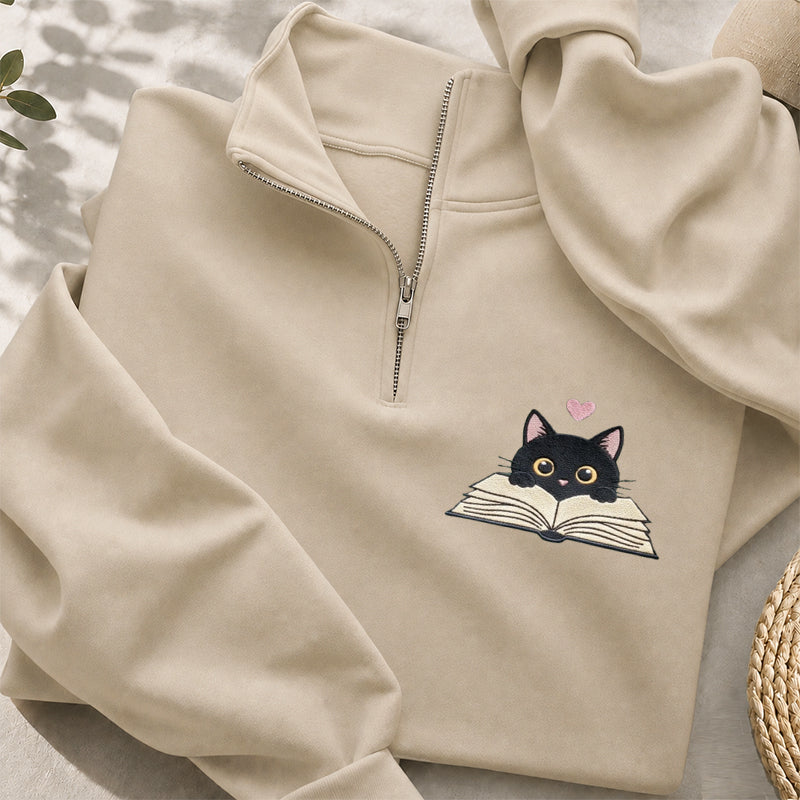 Embroidered Reading Black Cat Classic Quarter Zip Sweatshirt
