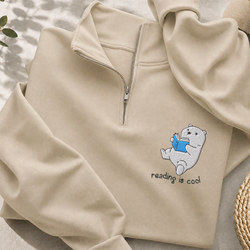 Embroidered Reading Is Cool Polar Bear Classic Quarter Zip Sweatshirt