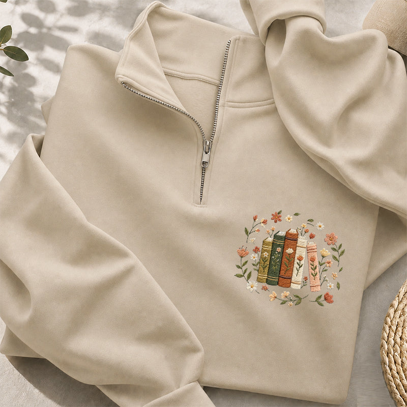 Embroidered Floral Book Stack Classic Quarter Zip Sweatshirt