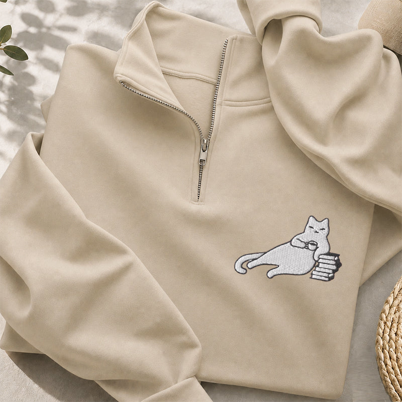 Embroidered Bookish Cat Drinking Coffee Classic Quarter Zip Sweatshirt