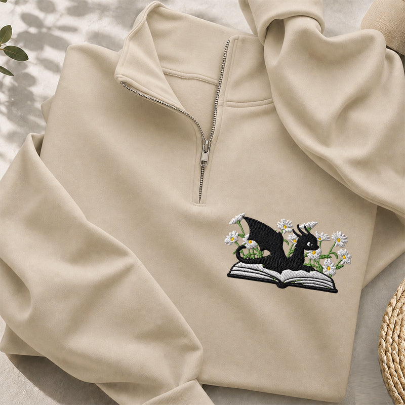 Embroidered Floral Dragon Book Classic Quarter Zip Sweatshirt