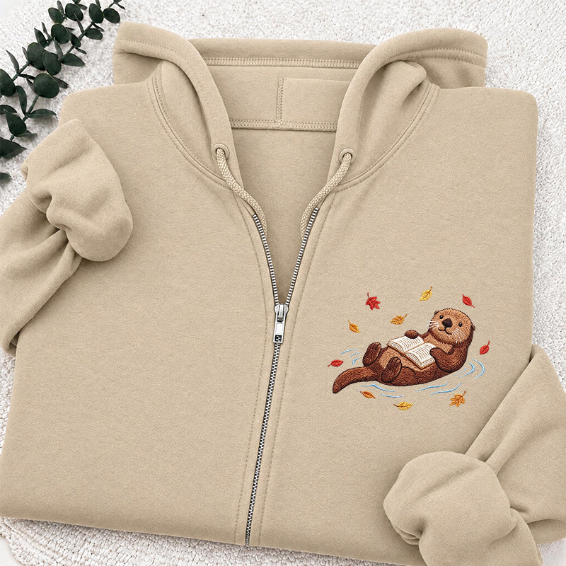 Embroidered Otter Reading Book Classic Full Zip Hoodie