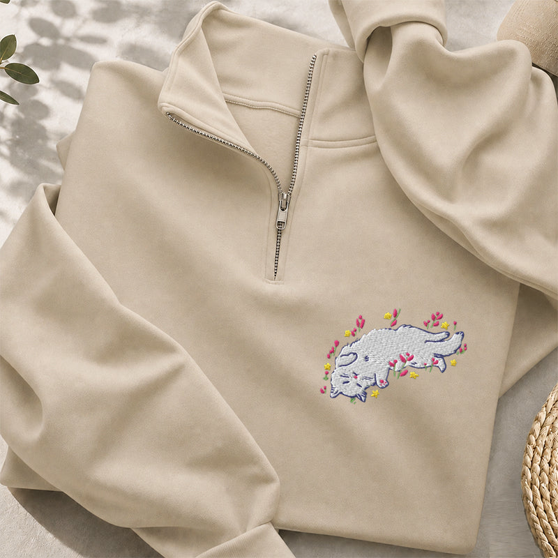 Embroidered Floral Playing Cat Classic Quarter Zip Sweatshirt