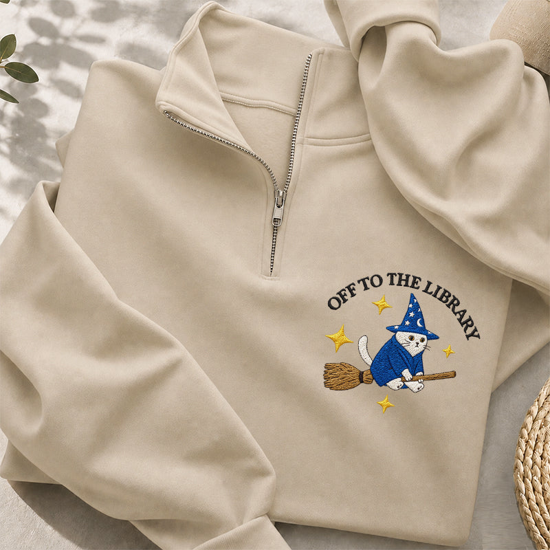 Embroidered Cat Off To The Library Classic Quarter Zip Sweatshirt