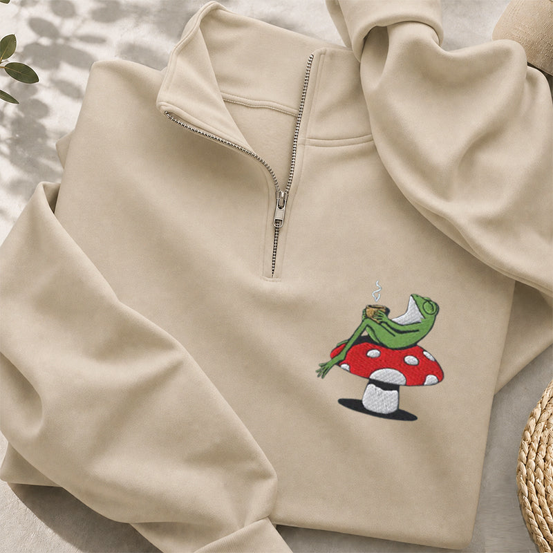 Embroidered Frog Coffee Time Classic Quarter Zip Sweatshirt