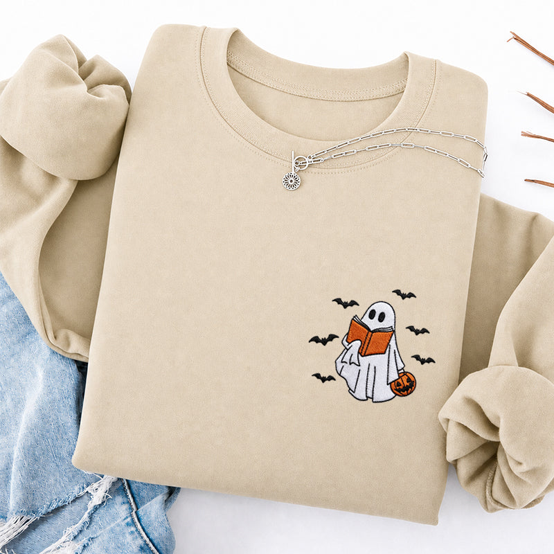 Embroidered Halloween Reading Ghost Classic Crewneck Sweatshirt