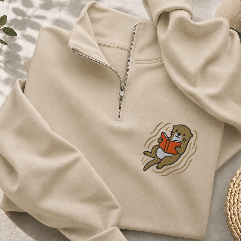 Embroidered Reading Otter Classic Quarter Zip Sweatshirt