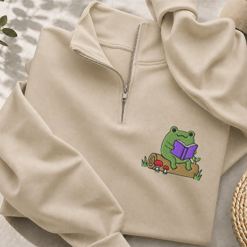 Embroidered Cute Reading Frog Classic Quarter Zip Sweatshirt