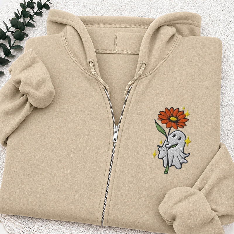 Embroidered Ghost Holding a Flower Classic Adult Unisex Full Zip Hoodie