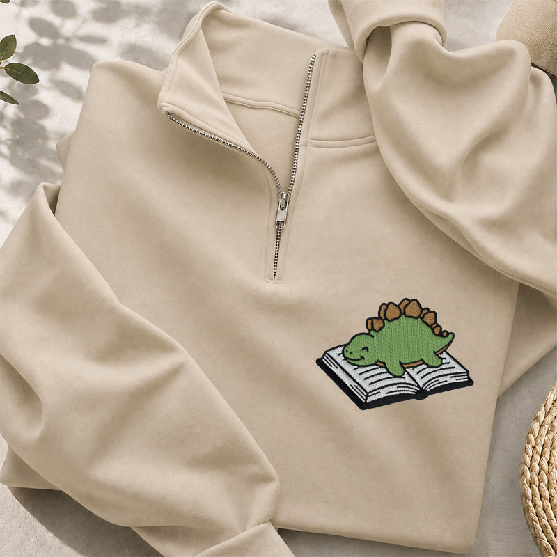 Embroidered Dinosaur Reading Books Classic Quarter Zip Sweatshirt