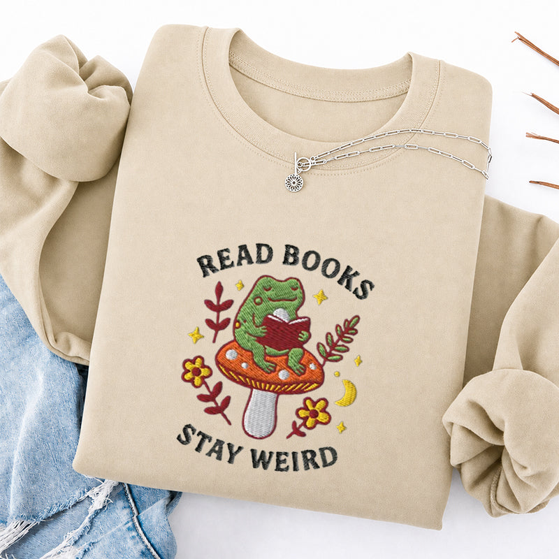 Embroidered Read Books Stay Weird Reading Frog Classic Crewneck Sweatshirt