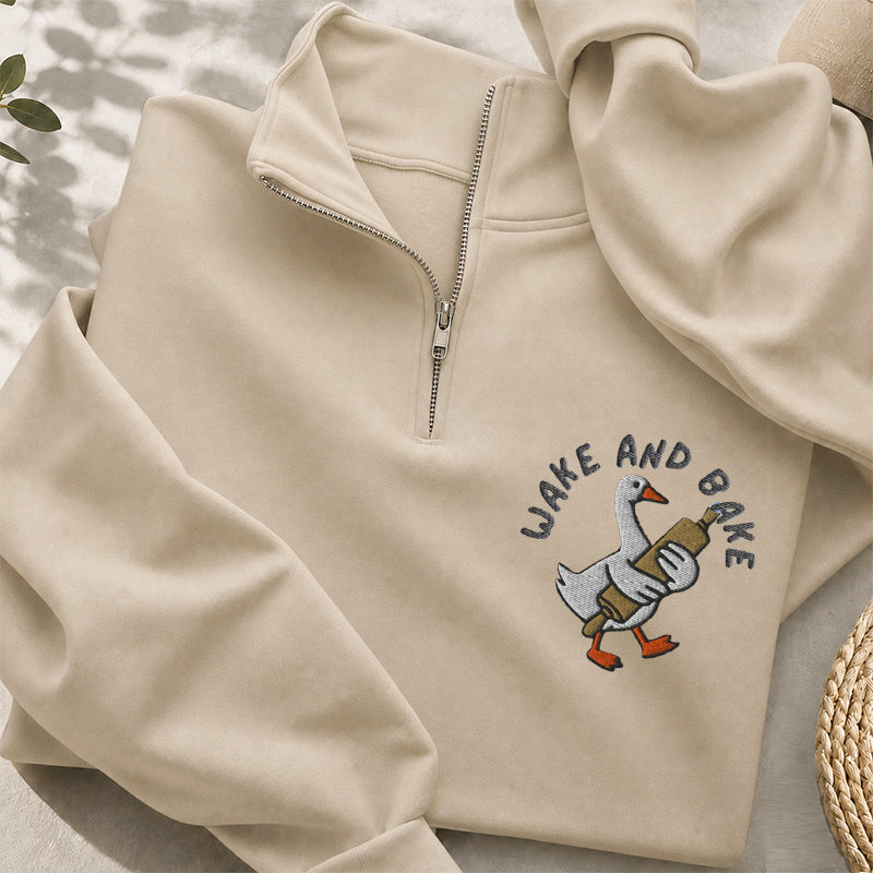 Embroidered Wake And Bake Classic Quarter Zip Sweatshirt