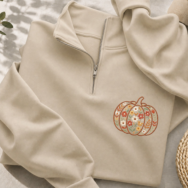 Embroidered Floral Pumpkin Classic Quarter Zip Sweatshirt