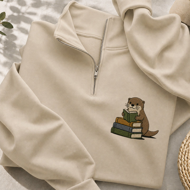 Embroidered Reading Otter Classic Quarter Zip Sweatshirt