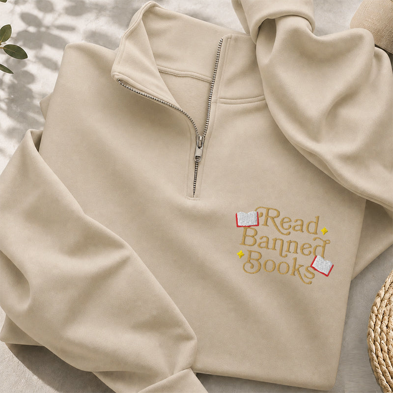 Embroidered Read Banned Books Classic Quarter Zip Sweatshirt
