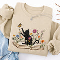 Embroidered Floral Book Cat Classic Crewneck Sweatshirt