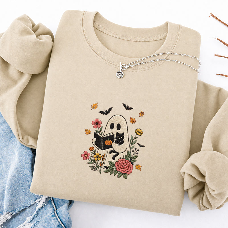 Embroidered Floral Ghost Reading Classic Crewneck Sweatshirt