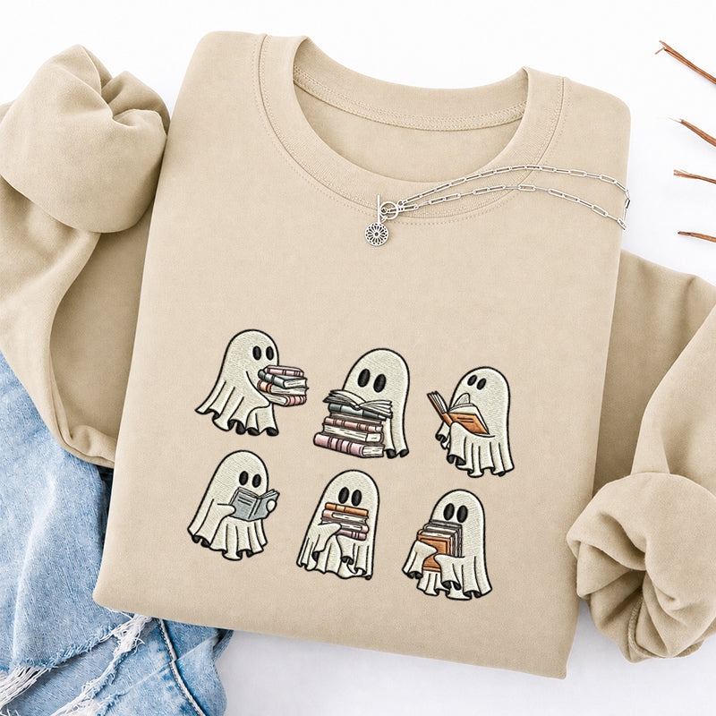 Embroidered Halloween Ghost Reading Classic Crewneck Sweatshirt