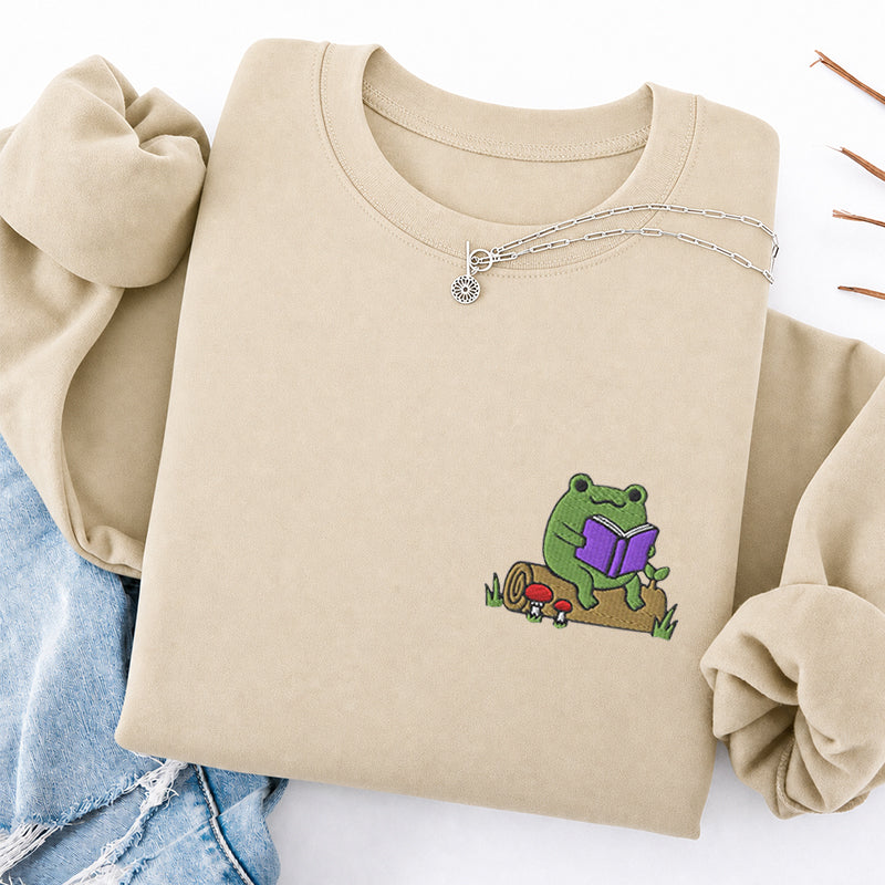 Embroidered Cute Reading Frog Classic Crewneck Sweatshirt