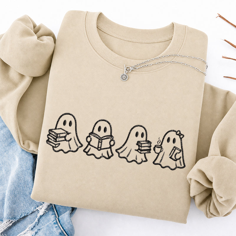 Embroidered Ghost Reading Books Classic Crewneck Sweatshirt