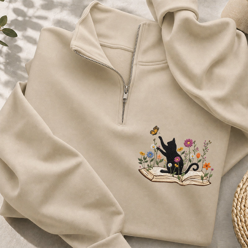 Embroidered Floral Book Cat Classic Quarter Zip Sweatshirt