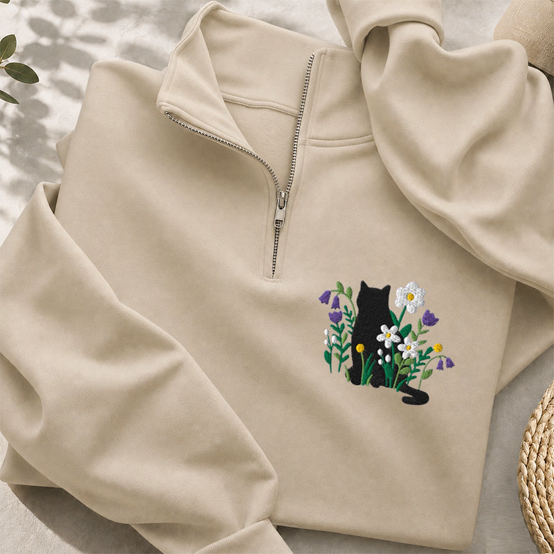 Embroidered Black Cat Cottagecore Classic Quarter Zip Sweatshirt