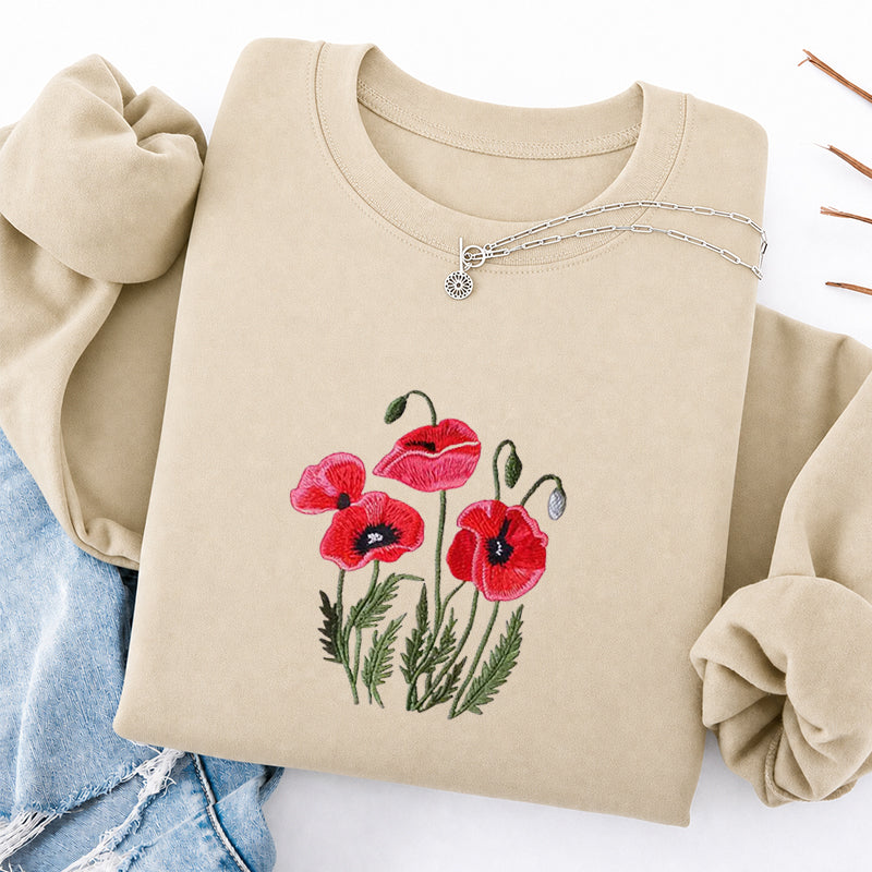 Embroidered Poppy Flower Classic Crewneck Sweatshirt