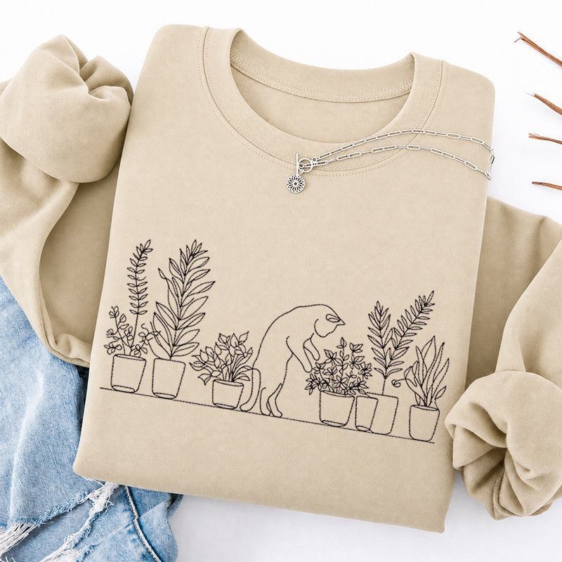 Embroidered Cat and Plant Lover Classic Crewneck Sweatshirt