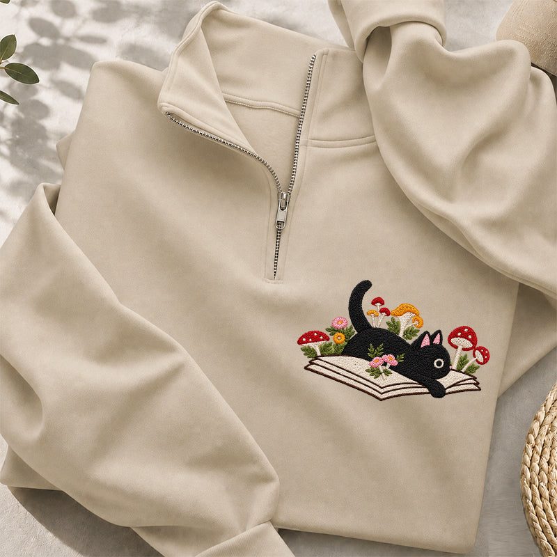 Embroidered Black Cat Mushroom Book Classic Quarter Zip Sweatshirt
