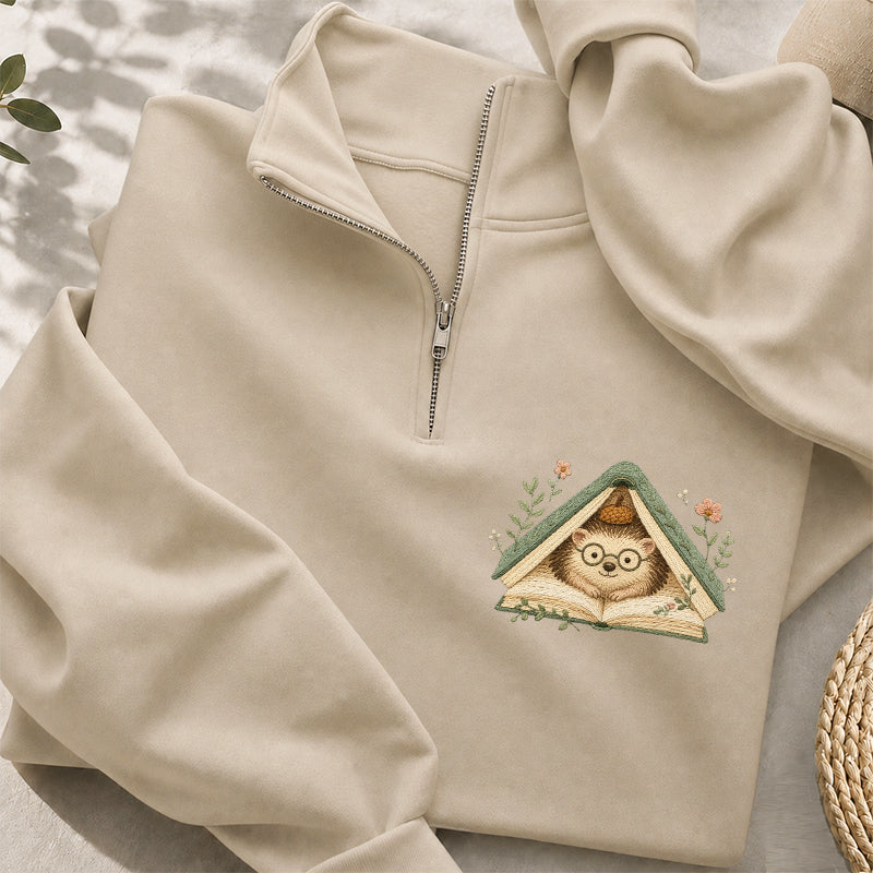 Embroidered Reading Hedgehog Classic Quarter Zip Sweatshirt