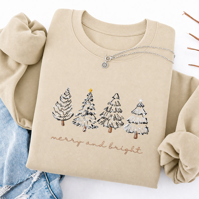 Embroidered Merry & Bright Christmas Tree Classic Crewneck Sweatshirt
