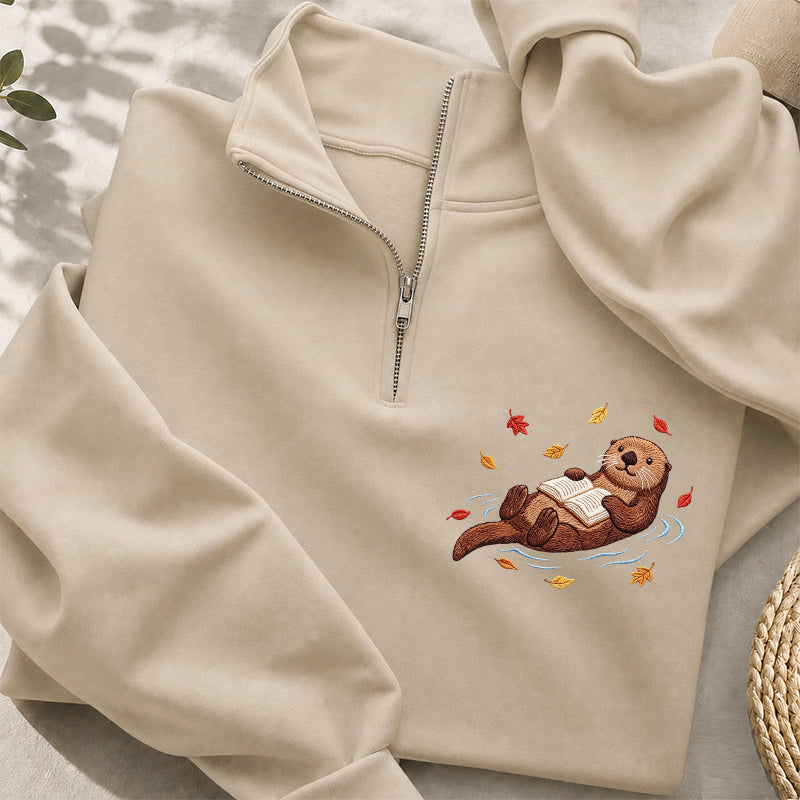 Embroidered Otter Reading Book Classic Quarter Zip Sweatshirt