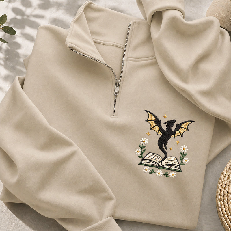 Embroidered Dragon Floral Book Classic Quarter Zip Sweatshirt