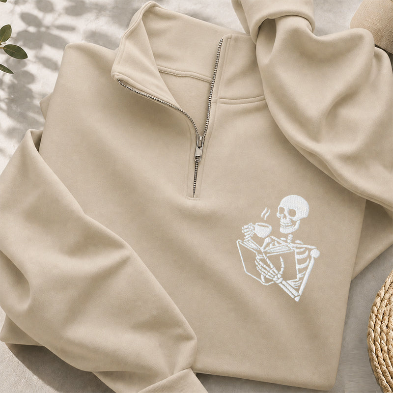 Embroidered Skeleton Coffee And Books Classic Quarter Zip Sweatshirt