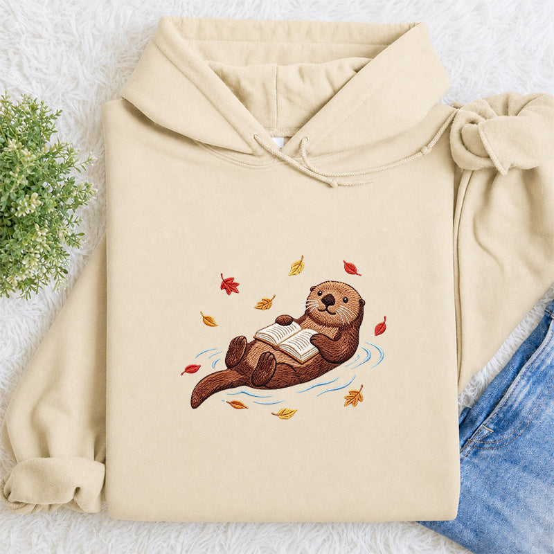 Embroidered Otter Reading Books Classic Adult Unisex Hoodie
