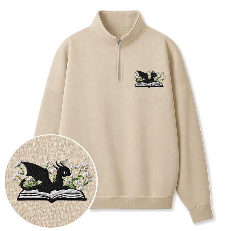 Embroidered Floral Dragon Book Classic Quarter Zip Sweatshirt