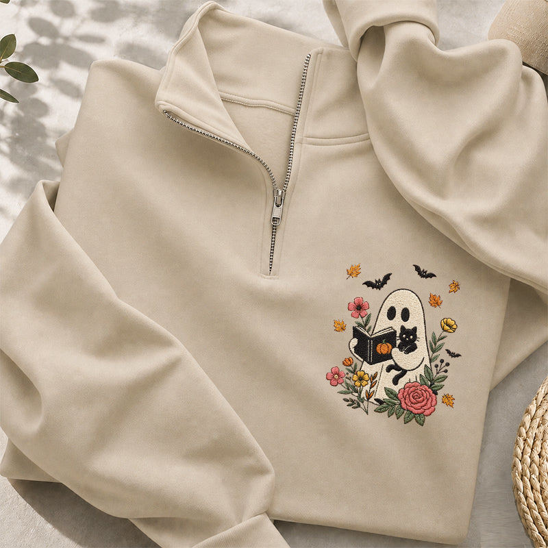 Embroidered Floral Ghost Reading Classic Quarter Zip Sweatshirt