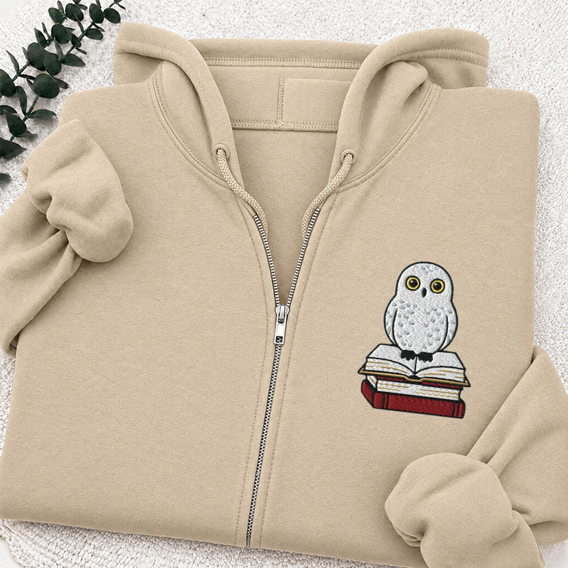 Embroidered Snow Owl On Bookstack Classic Full Zip Hoodie