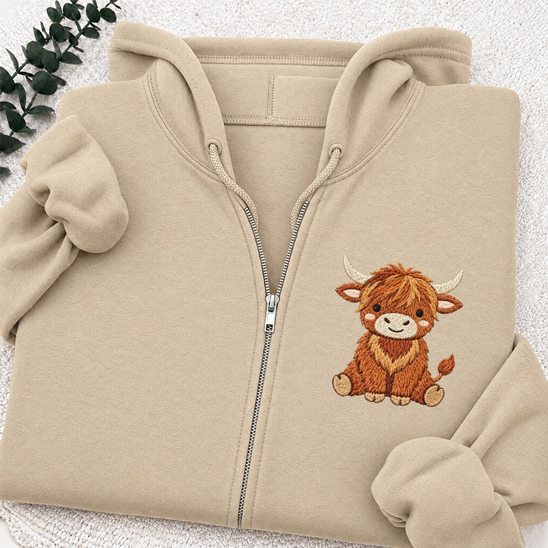 Embroidered Highland Cow Classic Full Zip Hoodie