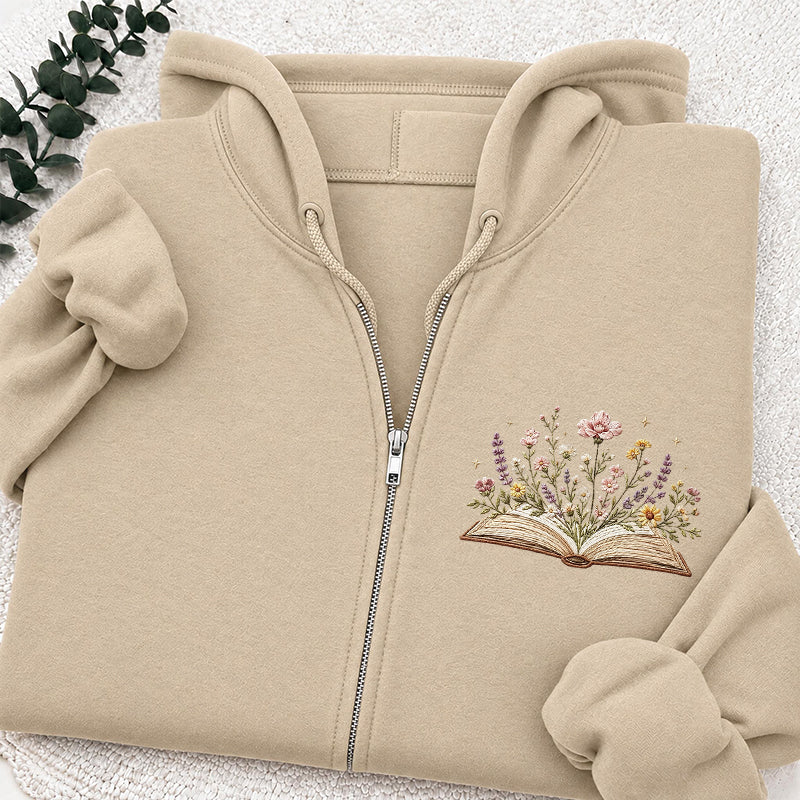 Embroidered Floral Book Adult Unisex Full Zip Hoodie