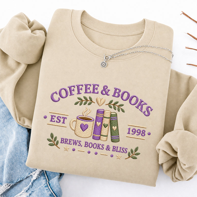 Embroidered Coffee And Books Classic Crewneck Sweatshirt