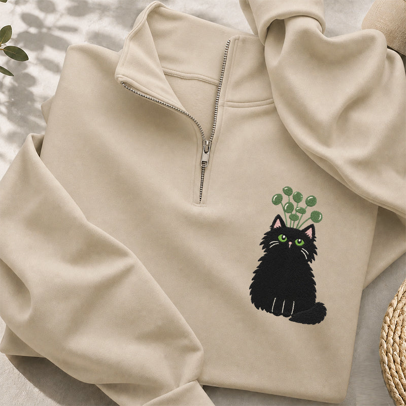 Embroidered Plant Black Cat Classic Quarter Zip Sweatshirt