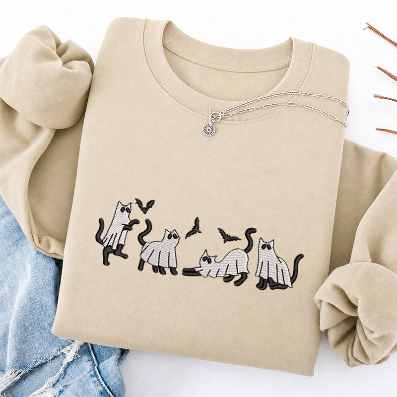 Embroidered Funny Cat Ghosts Classic Crewneck Sweatshirt