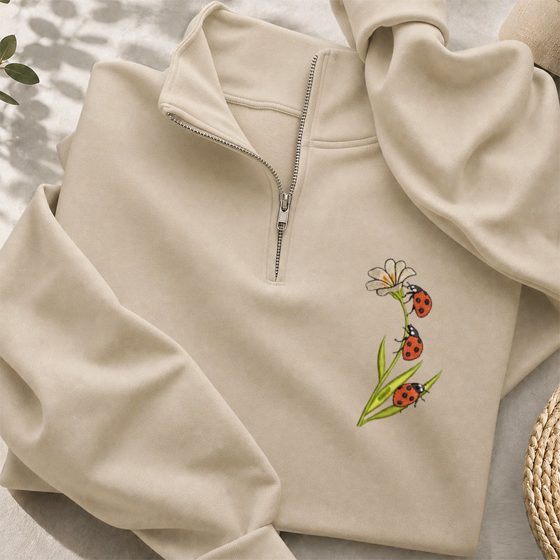 Embroidered Ladybug & Daisy Classic Quarter Zip Sweatshirt