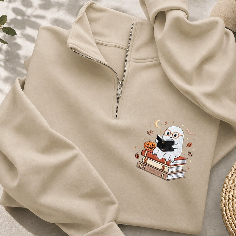 Embroidered Bookish Ghost Classic Quarter Zip Sweatshirt