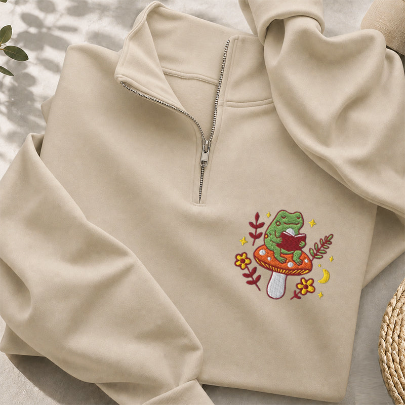 Embroidered Bookish Frog Classic Quarter Zip Sweatshirt