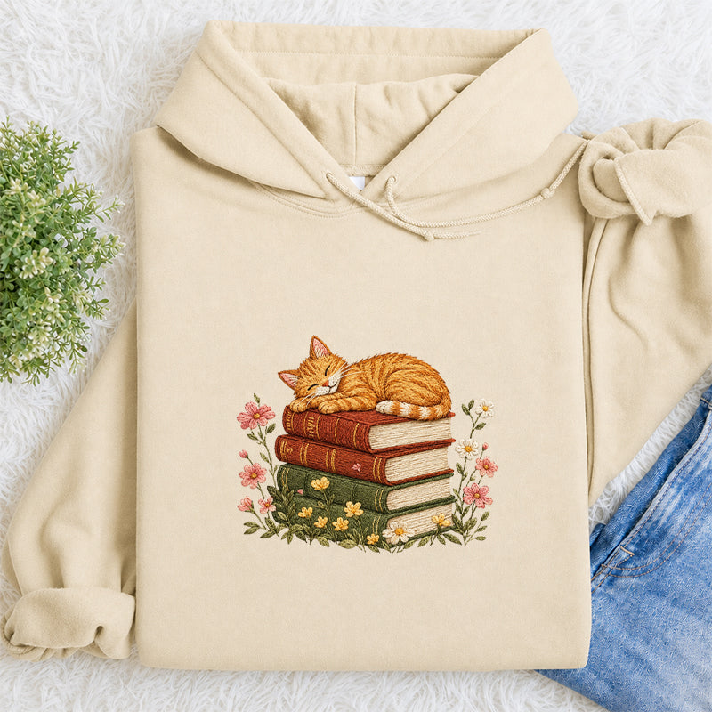 Embroidered Cat Sleeping On Books Classic Adult Unisex Hoodie